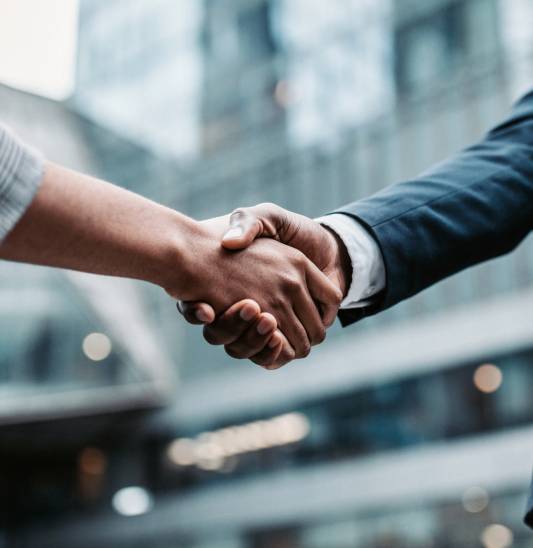 Meeting success. Two business persons shaking hands standing outside